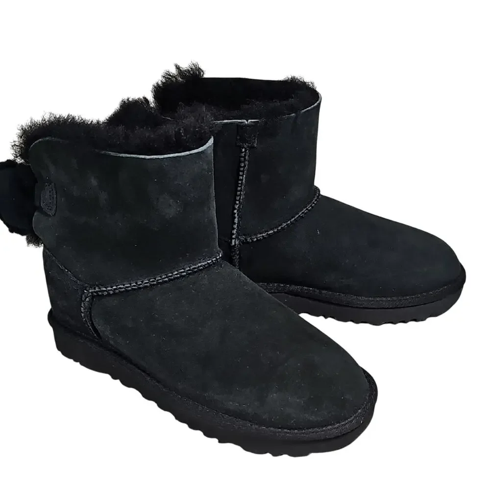 UGG Mini Bailey Sheepskin Black Bow II Leather Ankle Boots Womens Size 6 NEW